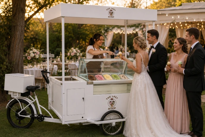 The Last Scoop ice cream bicycle serving guests at an elegant wedding reception