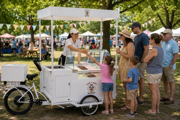 Families gathering around The Last Scoop ice cream bicycle at a community event