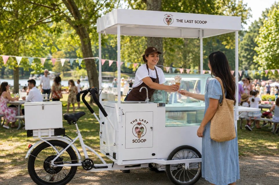 Children and families visiting The Last Scoop ice cream bicycle at Campus Martius in Detroit
